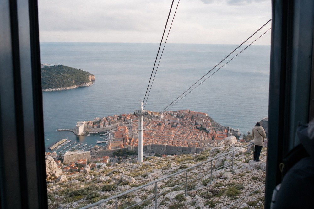 The view from the top of the Dubrovnik cable car looking down on the Old Town and the Adriatic Sea
