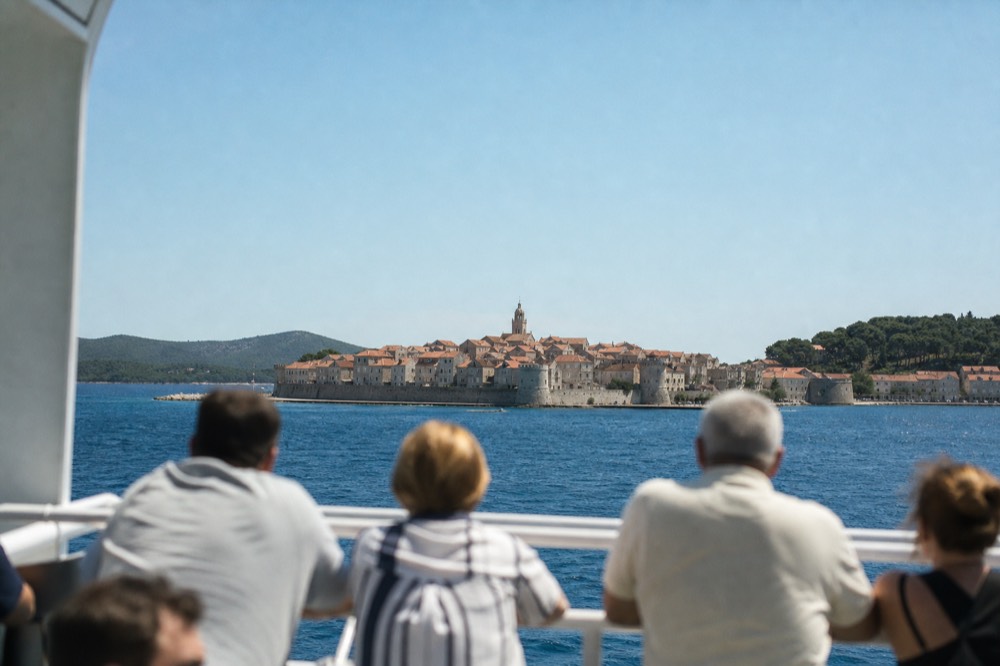 Ferry deck view of a walled Adriatic island town approaching across open blue water