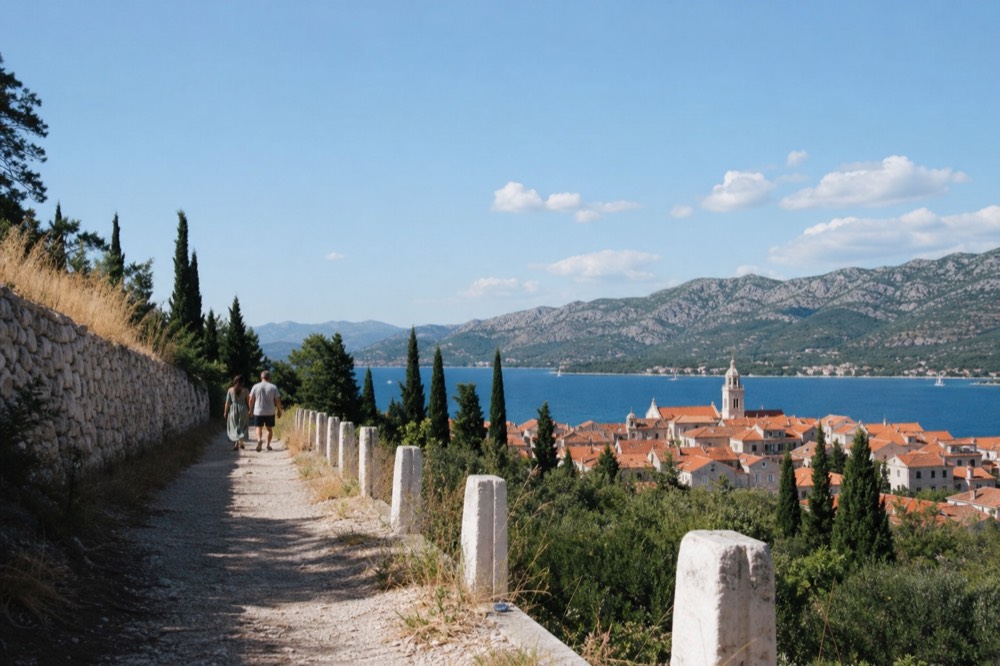 Quiet hillside path with white stone markers and cypress trees under a wide sky