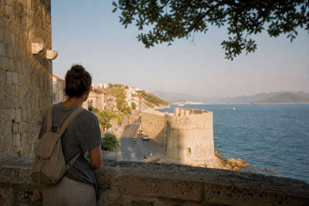 Traveller with a small backpack looking out over a coastal road toward islands in the distance