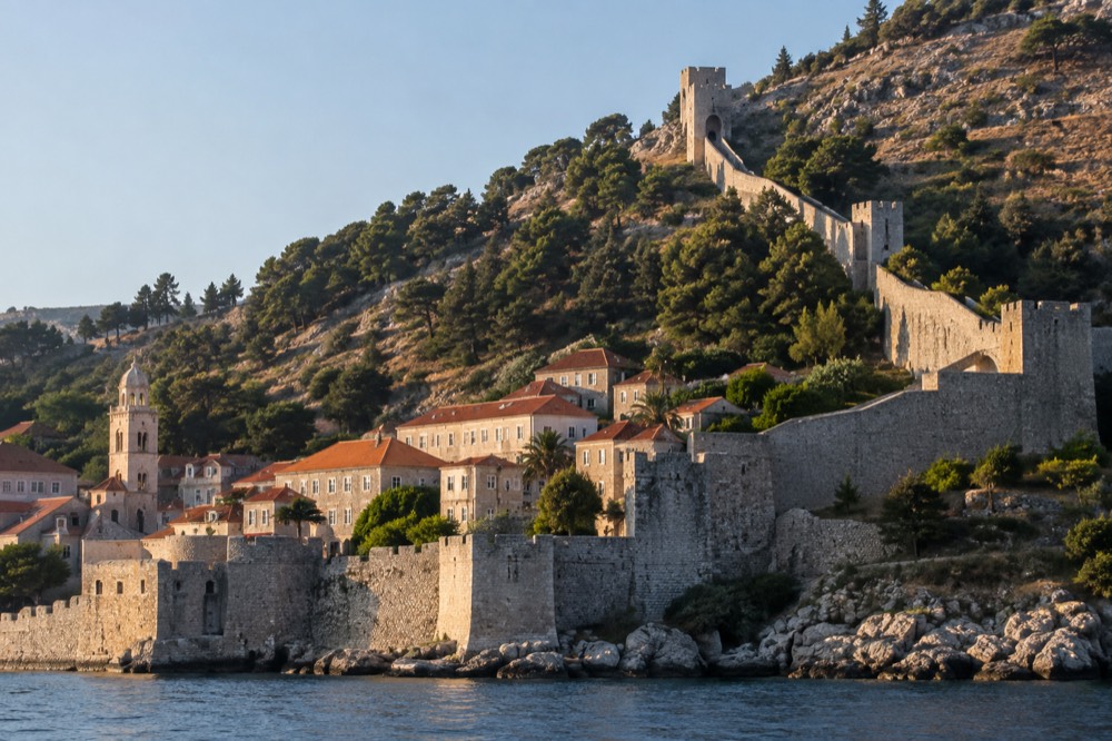 Long stone fortification walls climbing a dry hillside above a coastal town