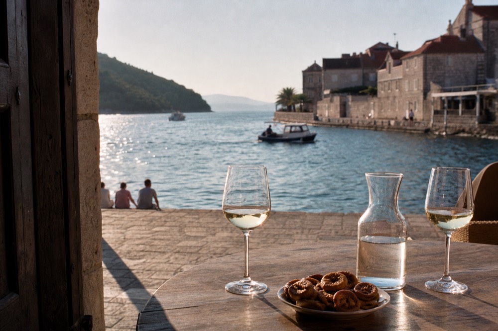 A wooden table set with wine glasses, a carafe of water and a plate of dried figs
