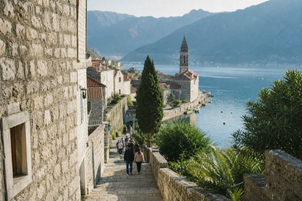 Waterfront palaces and bell towers of Perast along the shore of the Bay of Kotor