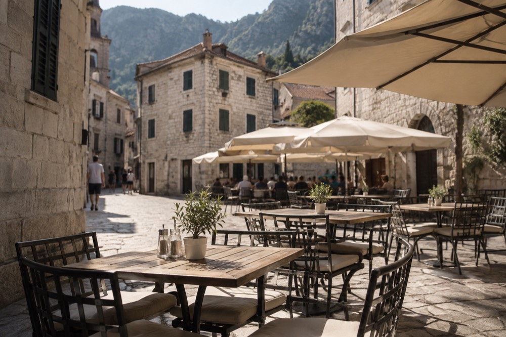 Cafe tables on a stone square in Kotor old town under afternoon light