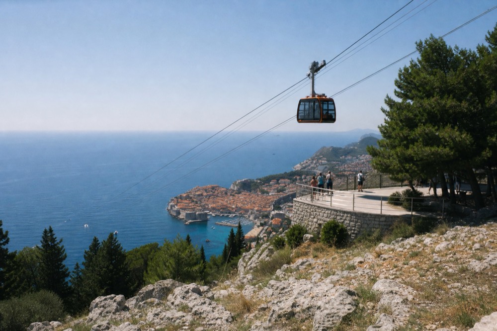 Cable car cabins on a steep cable line above a coastal city with a red-roofed old town