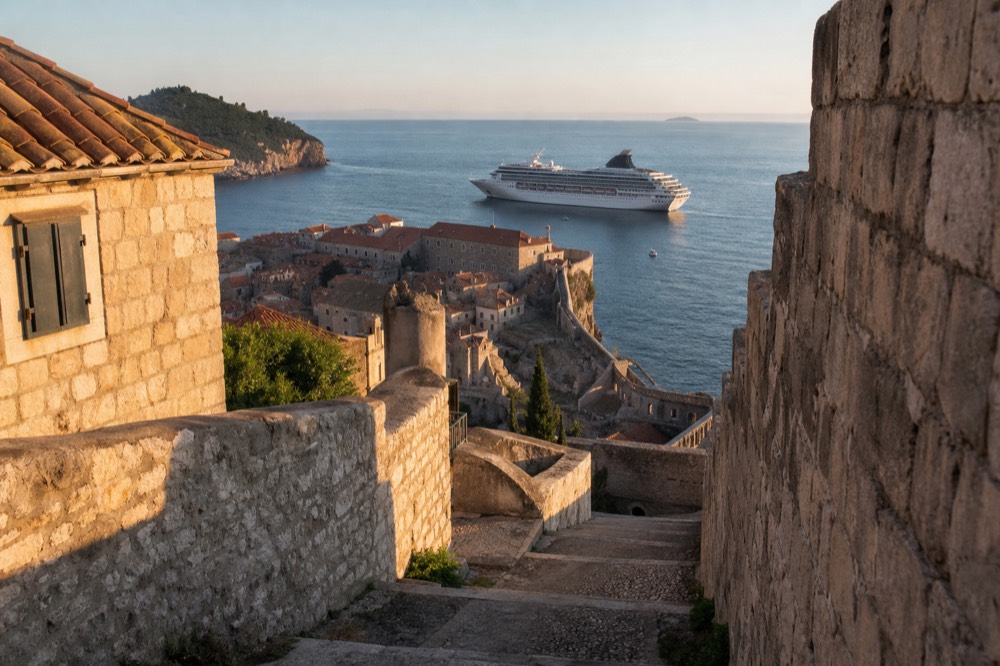 Cruise ship anchored off the walled old town of Dubrovnik at morning