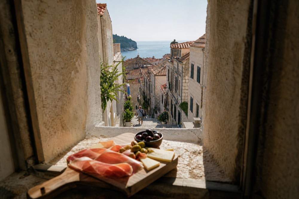 Small plates of cured ham, cheese and olives arranged on a wooden board