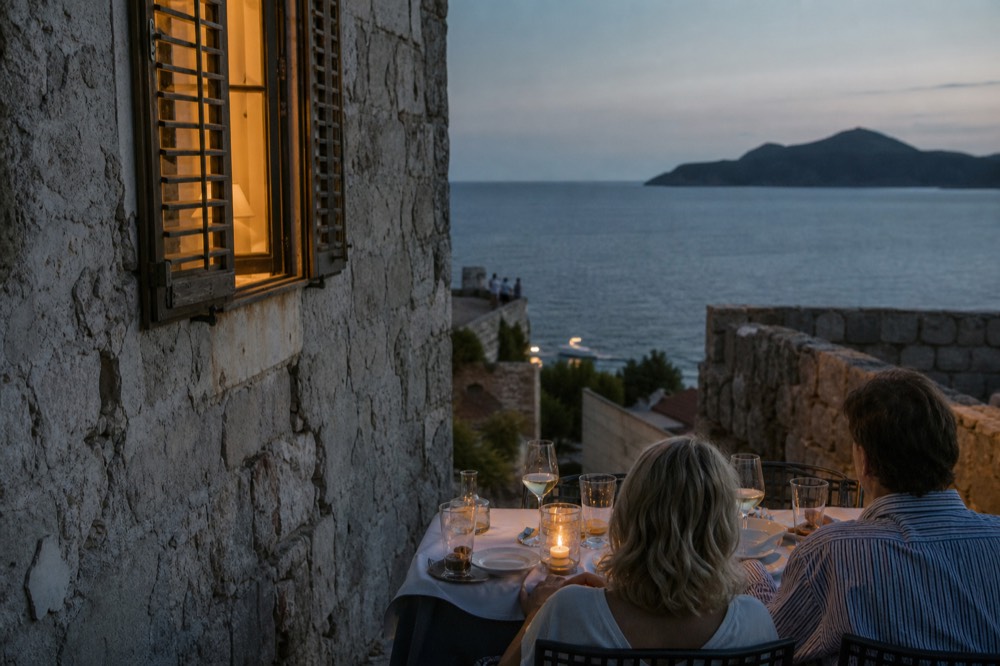 Diners at an outdoor table on a stone terrace overlooking the sea at golden hour