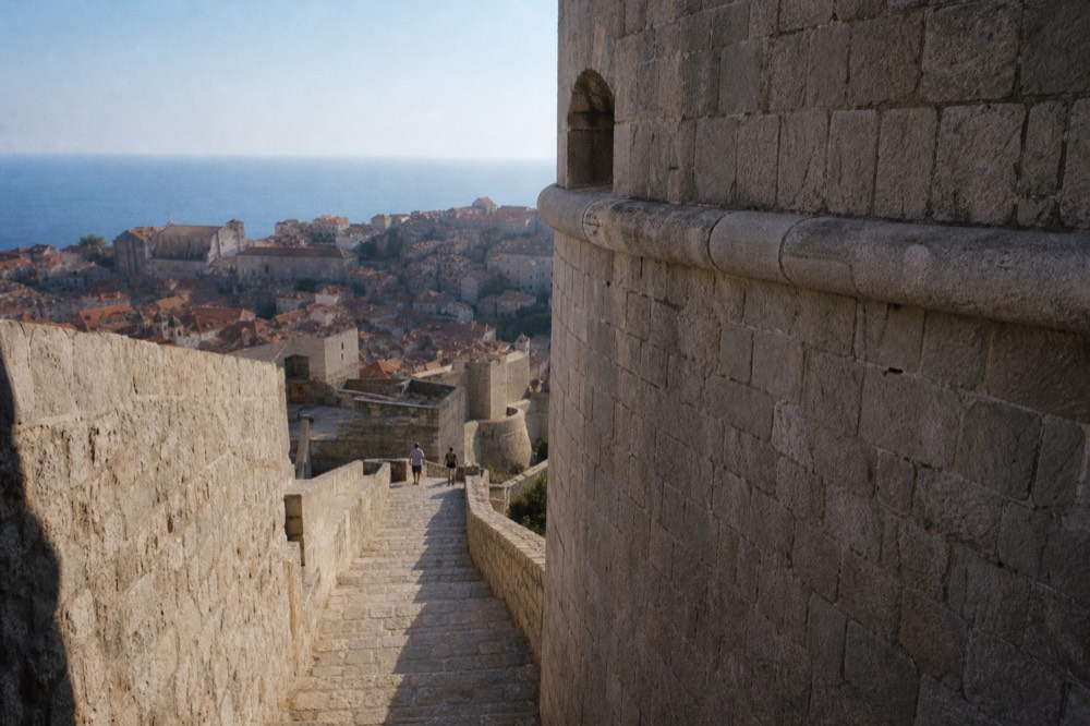 A close view of the stone battlements and the curve of the round tower