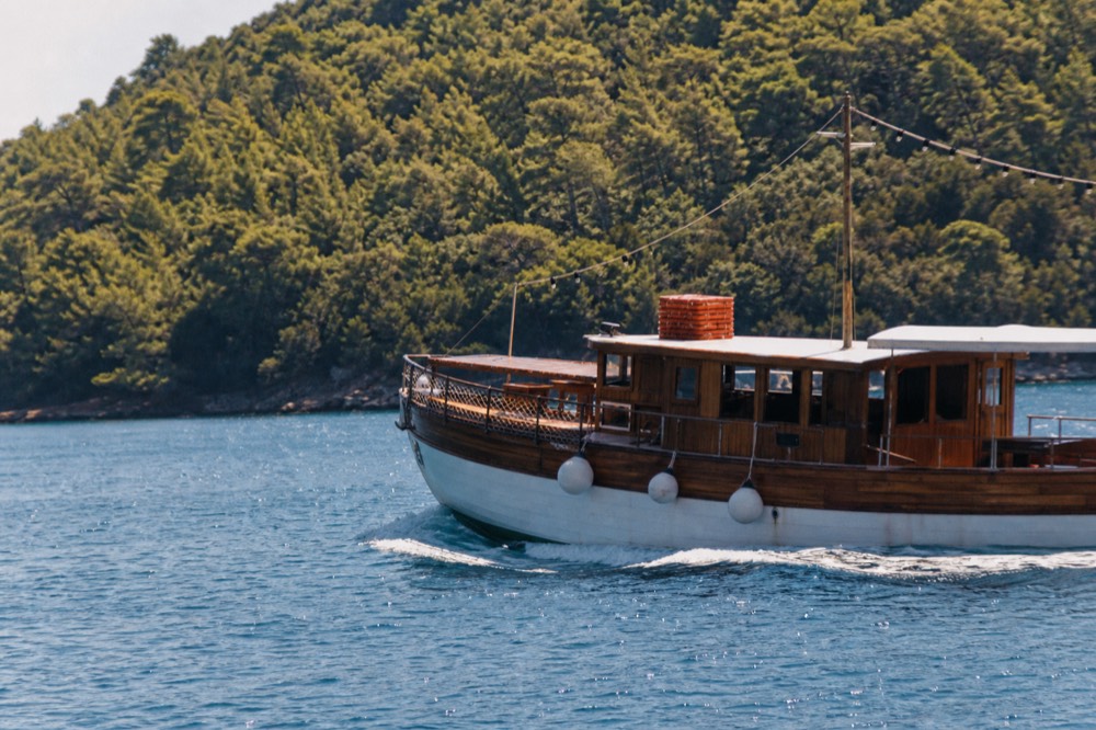 A wooden boat cruising past a densely wooded island coastline in morning light