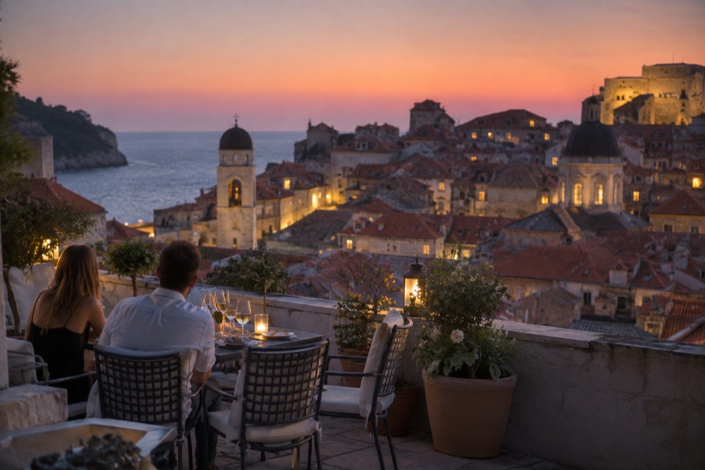 People at a rooftop terrace table with the illuminated Dubrovnik skyline at twilight