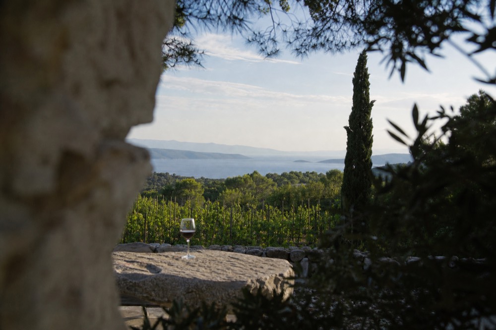 A glass of dark red wine on a stone table overlooking vineyards