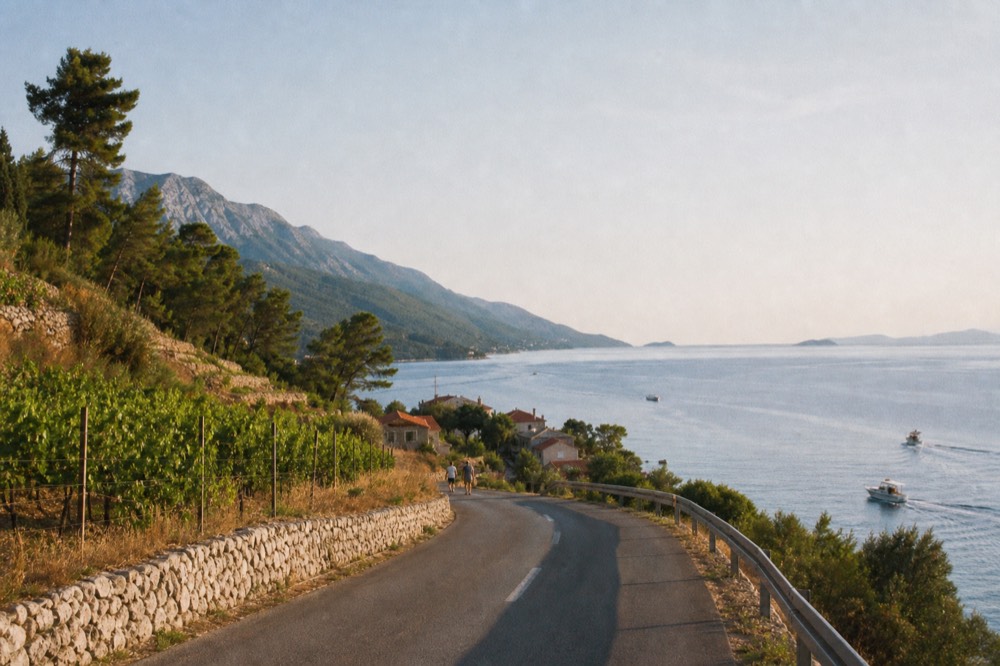 A coastal road winding past vineyards and pine trees toward a distant village