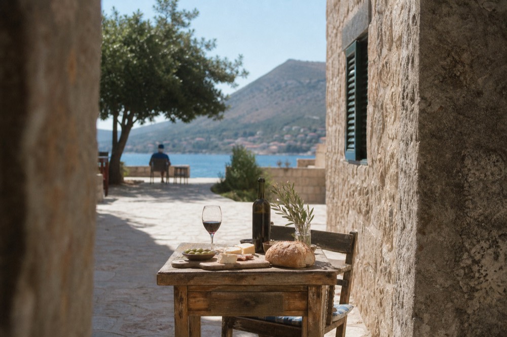 A rustic table with a bottle of red wine, bread, olives and a cheese board
