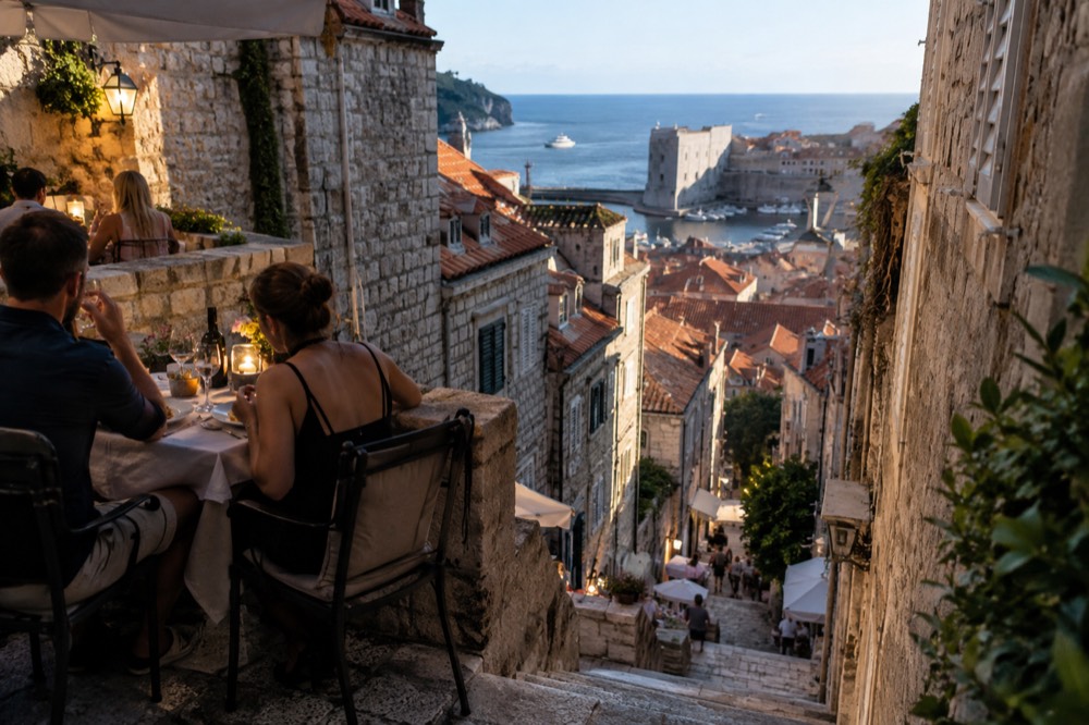 Diners at a candlelit table on stone steps above a narrow Dubrovnik street