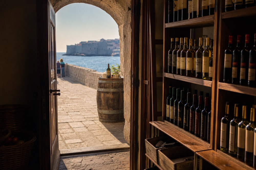 A wine shop interior with bottles of local red and white wine on wooden shelves