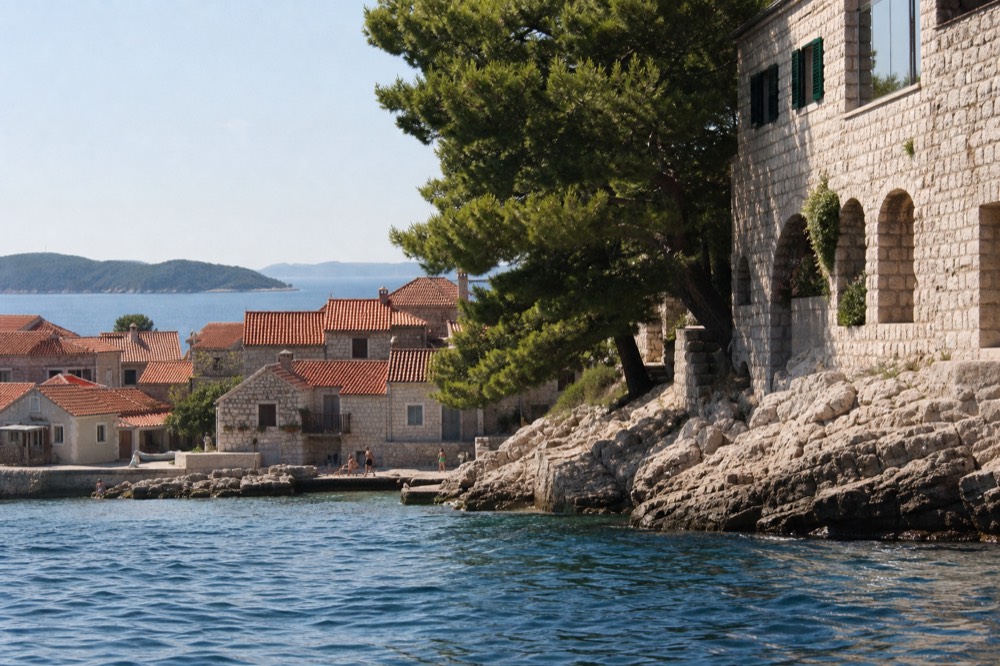 A view over terracotta rooftops toward islands on the horizon