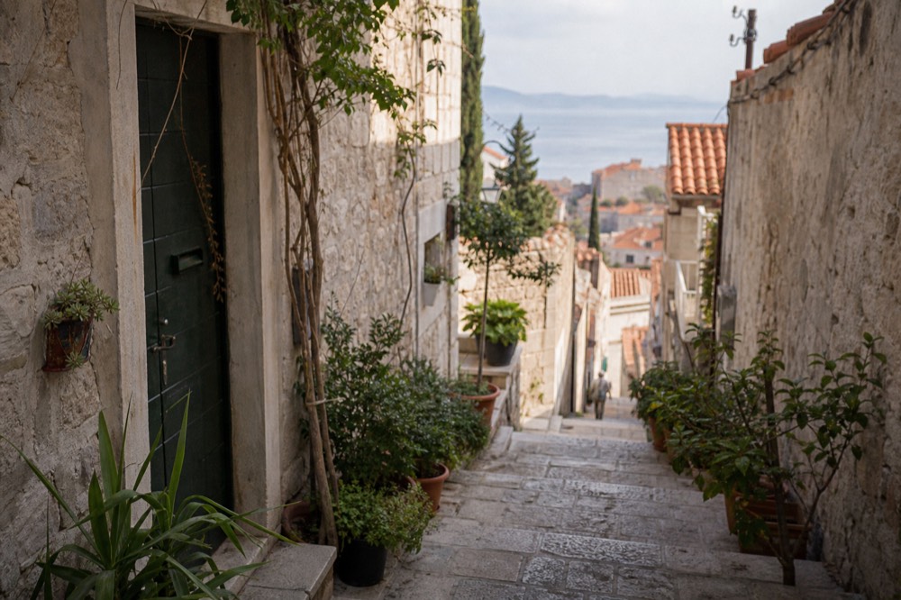Narrow stepped lane between tall stone houses with potted plants by the doorways
