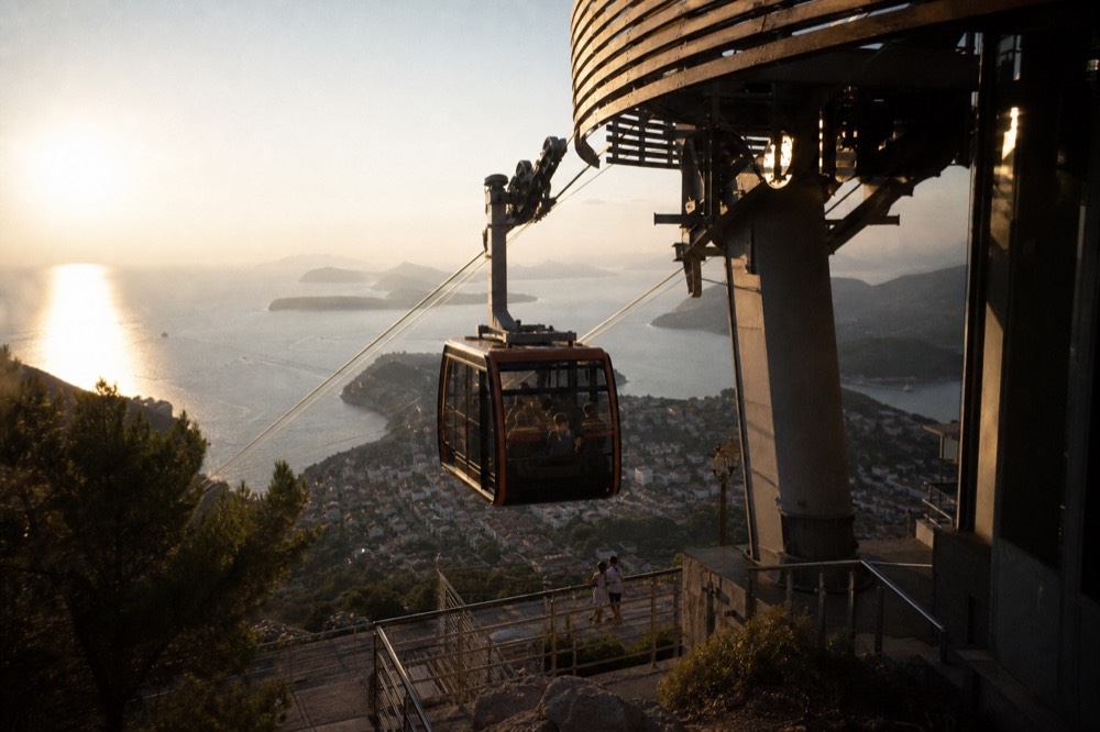 Cable car cabins arriving at a hilltop station above a coastal city