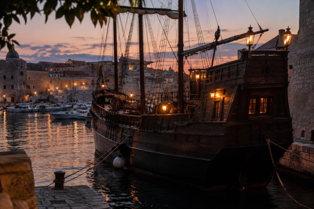 A dark wooden ship with lit lanterns moored in a small harbour at dusk