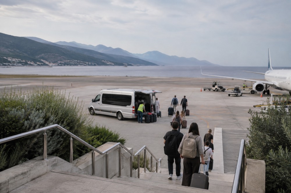 A shuttle van loading luggage outside an airport terminal