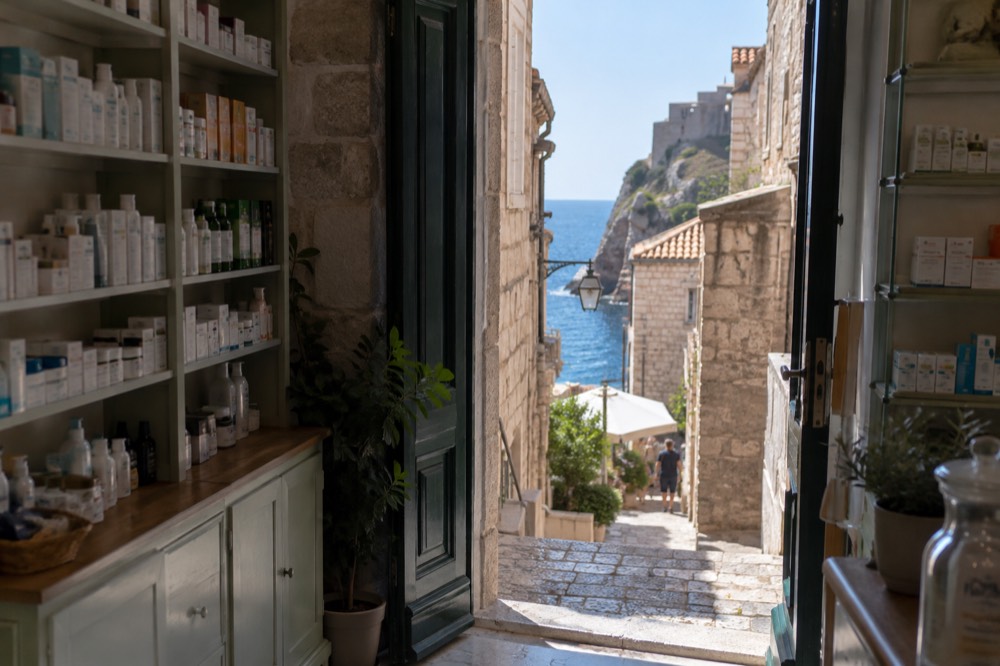 Pharmacy doorway on a narrow Dubrovnik side street