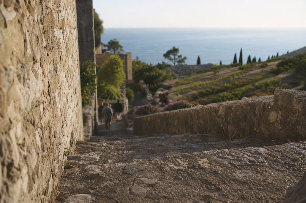 Morning light across terraced garden rows with the sea on the horizon