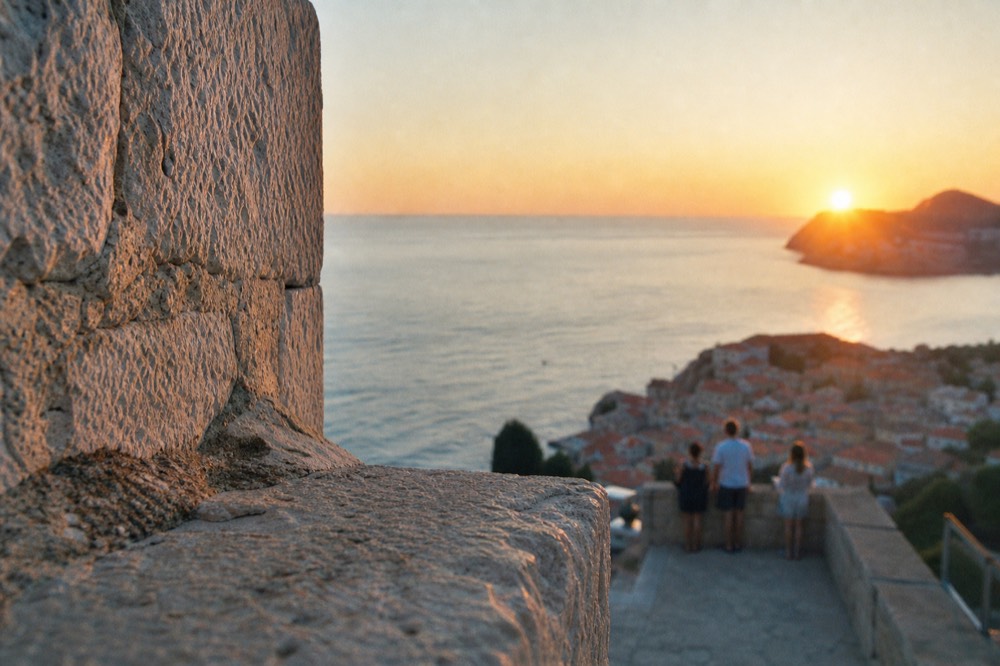 Sunset over the Adriatic Sea seen from a hillside above Dubrovnik
