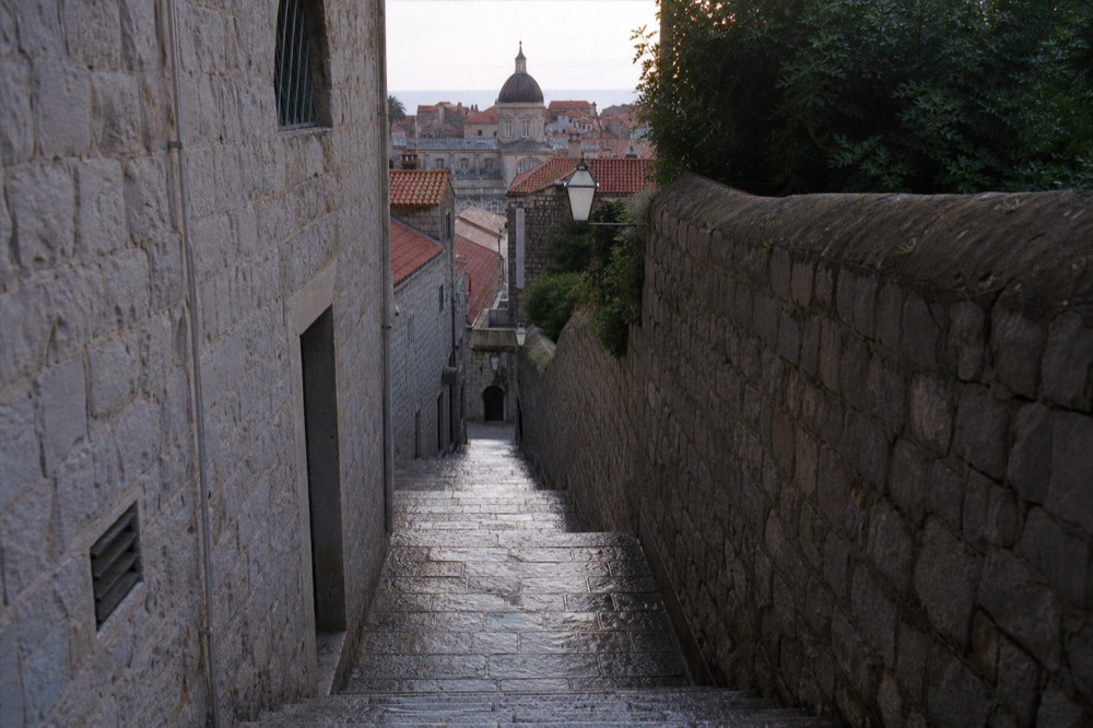 Early morning light on empty stone steps in Dubrovnik