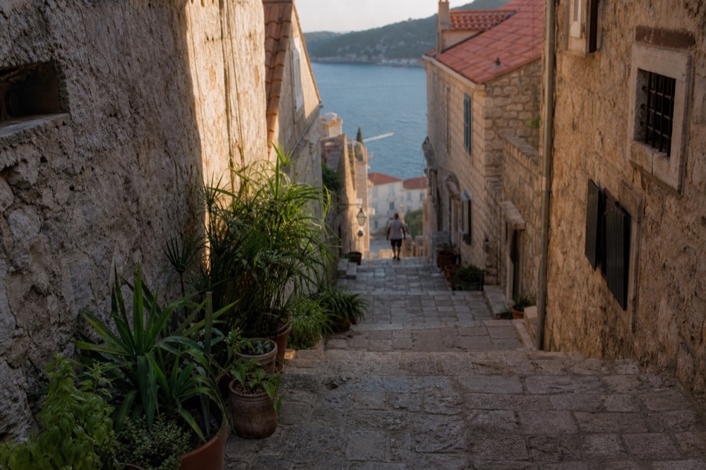 Sunlit stone staircase lane in Dubrovnik Old Town with potted plants beside the steps