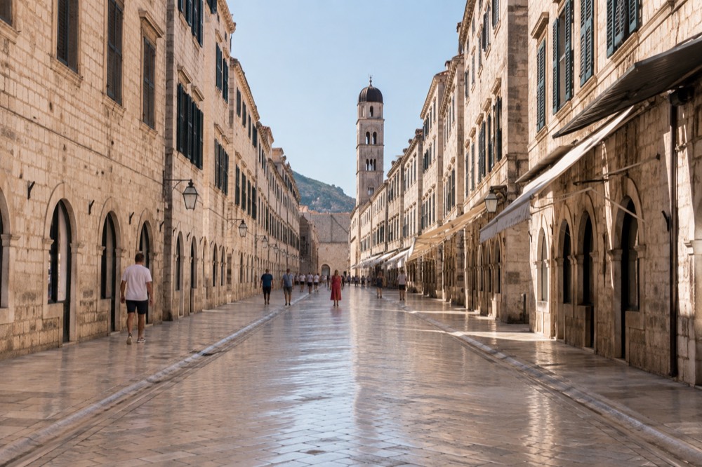The Stradun main street in Dubrovnik brightly lit by morning sun with limestone paving
