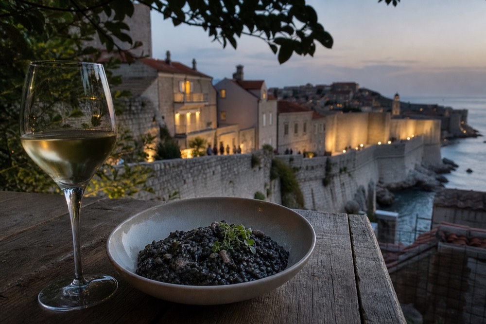 A bowl of black cuttlefish risotto on a rustic wooden table beside a glass of white wine
