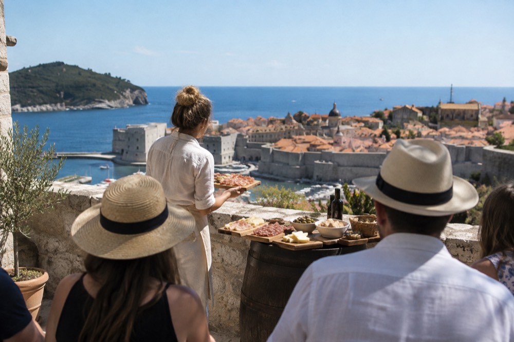 A guide presenting plates of cured ham, cheese and olives to a small group at a tasting counter