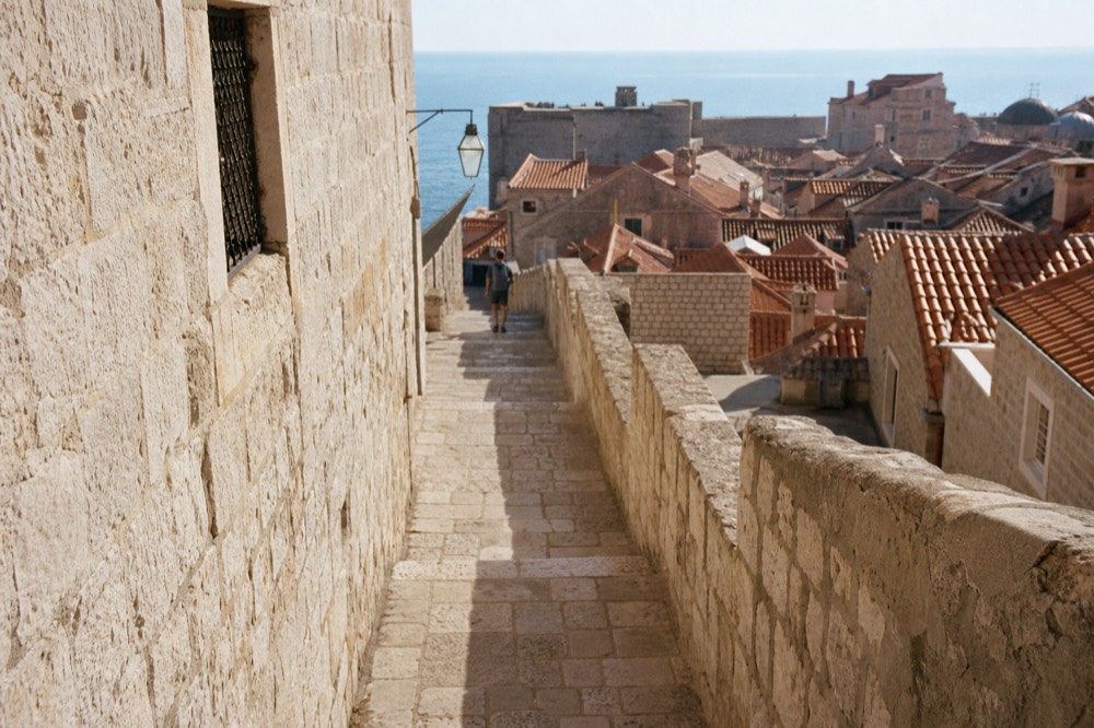 The stone parapet of the Dubrovnik city walls above red rooftops