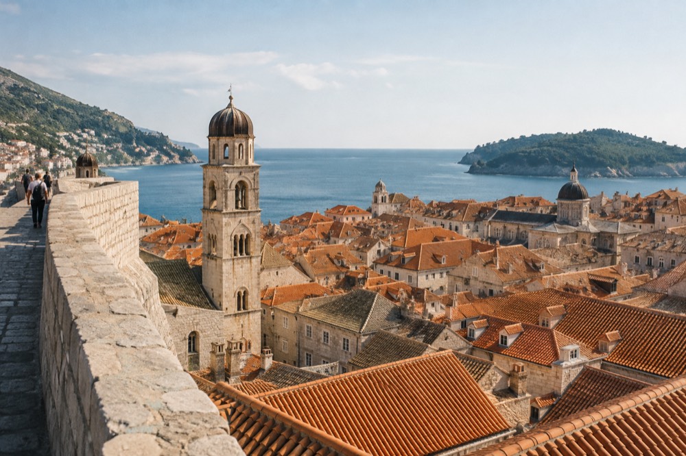 Dubrovnik Old Town rooftops and the bell tower seen from the city walls on a sunny morning