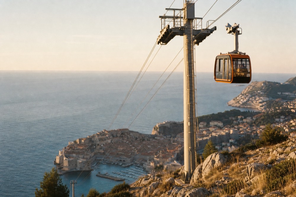 The Dubrovnik cable car ascending above the Old Town with the Adriatic coastline spreading out behind